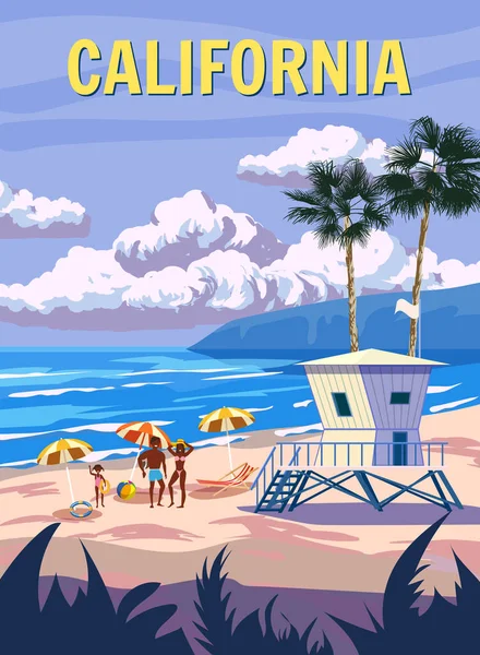 California Retro Poster Family Lifeguard House Beach Surfer Palm Coast — Archivo Imágenes Vectoriales