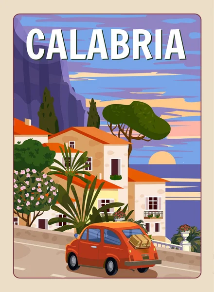Retro Poster Italy, Calabria resort, Amalfi coast. Road retro car, mediterranean romantic landscape, mountains, seaside town, sailboat, sea. Retro travel poster, postcard vector illustration isolated