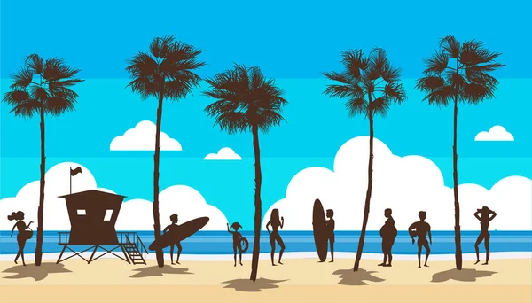 Beach Landscape Lifeguard Station People Vacation Palms Sea Ocean Coast — Stock Vector