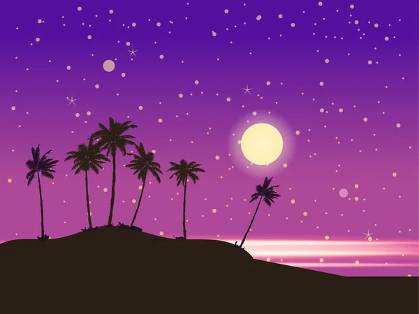 Paysage Nocturne Littoral Tropical Côte Palmiers Clair Lune Océan Vue — Image vectorielle