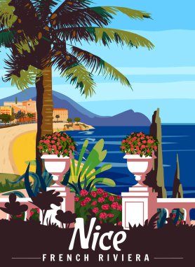 French Riviera Nice Retro Poster. Tropical coast scenic view, palm, Mediterranean marine. Summer vacation holiday, nature. Vector illustration vintage