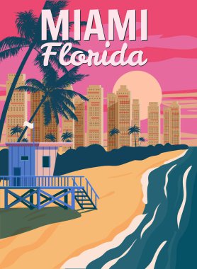 Miami Florida, City Skyline, Retro Poster. Gün batımı, cankurtaran evi, sahil, sörf, okyanus. Vektör illüstrasyon klasik biçimi izole edildi