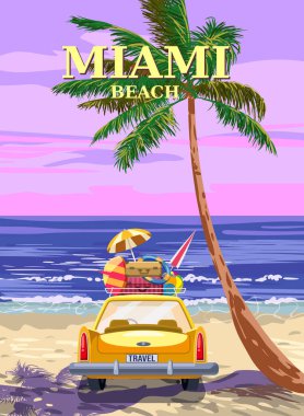 Miami Beach, Retro Poster. Yellow vintage car, sunset, palm on the beach, coast, surf, ocean. Vector illustration vintage style isolated