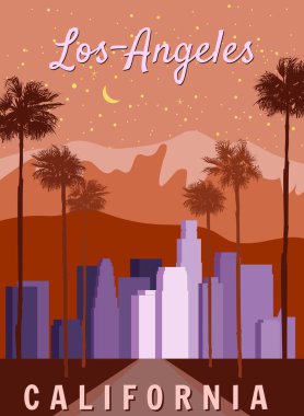 Los Angeles 'ın Retro posteri, şehir merkezi, manzara. Klasik, sahne Kaliforniya sokağı, vektör illüstrasyonu