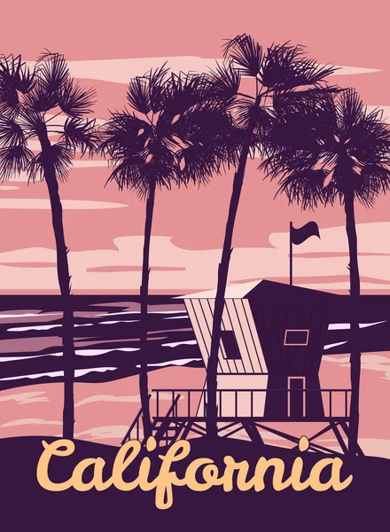 Affiche Rétro Californie Maison Sauveteur Sur Plage Palmier Côte Surf — Image vectorielle
