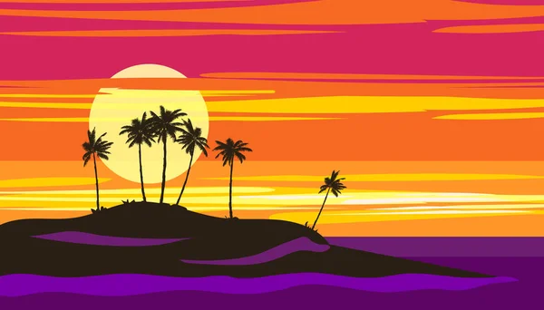 Tropical Sunset Summer Beach Landscape Exotic Scene Palms Silhouette Sundown — 스톡 벡터