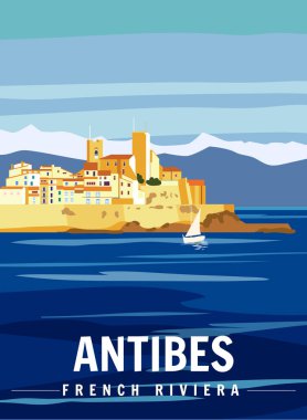 Antibes Fortress French Riviera Retro Poster. Tropical coast scenic view, palm, Mediterranean marine, sea town. Summer vacation holiday, nature. Vector illustration vintage