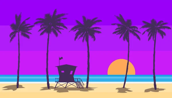 Beach coast landscape with Lifeguard Station. Palms, sea, ocean, coast view, sunset. Vector illustration flat style silhouette