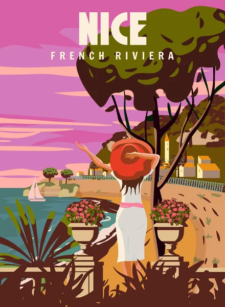 Гарна Пані Відпустці Плакат Узбережжі Французької Рив Єри Вінтаж Пальма — стоковий вектор