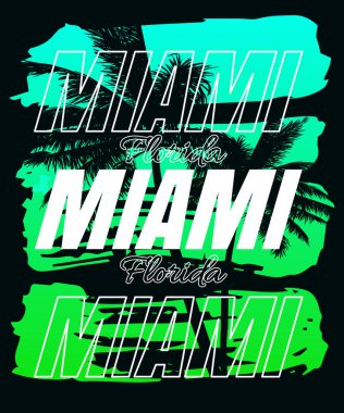 Miami Sunset baskısı. Poster retro palmiye ağacı siluetleri, daktilografi. Vektör illüstrasyonu