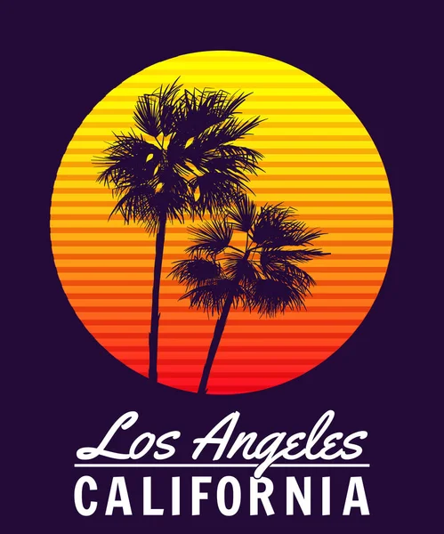 California Los Angeles Sunset Print Shirt Design Sílhuetas Retrô Palmeira — Vetor de Stock