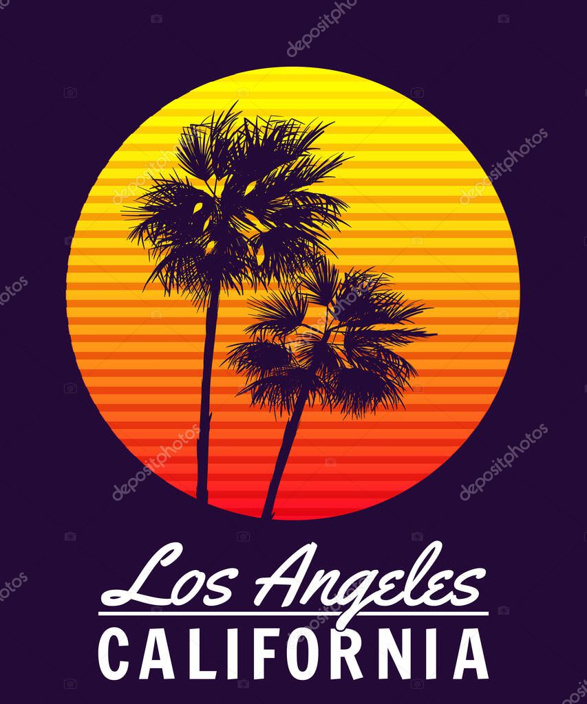 California Los Angeles sunset print t-shirt design. Poster retro palm tree silhouettes, gradient, typorgaphy. Vector illustration
