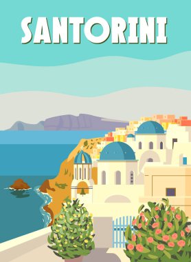 Santorini Poster Seyahati, mavi çatılı Yunan beyaz binaları, kilise, poster, eski Akdeniz Avrupa kültürü ve mimarisi. Klasik biçim vektör illüstrasyonu