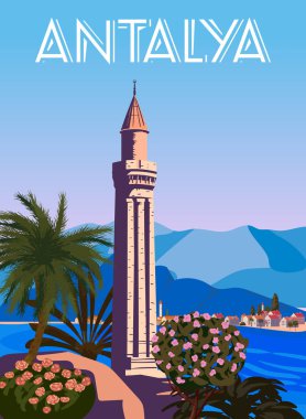 Antalya tarihi eser posteri, Türkiye tatil köyü. Vintage turistik kartpostal, pankart, vektör illüstrasyonu izole edildi