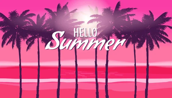 Hello Summer Night Party Coast Landscape Background Palms Design Template — Διανυσματικό Αρχείο