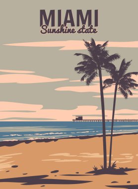 Miami Beach Vintage Posteri. Plaj, palmiye, sahil, sörf, okyanus. Vektör illüstrasyon biçimi izole edildi