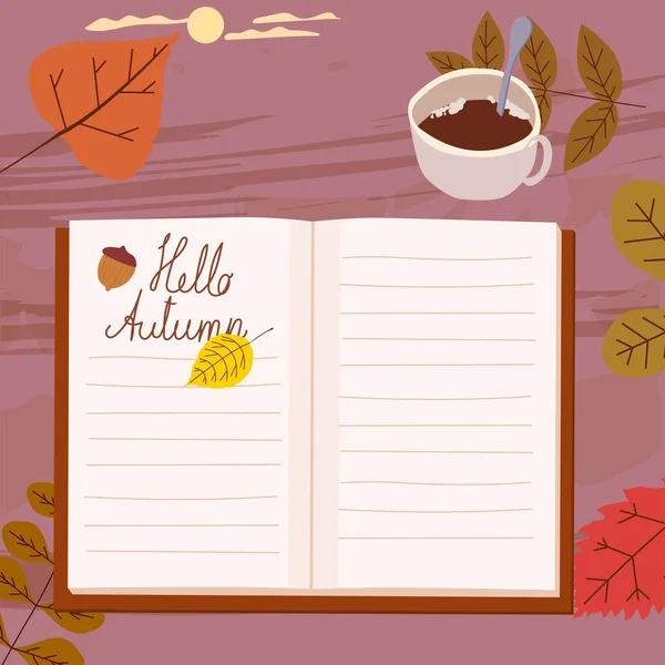 Open Autumn Daily Diary Notepad Agenda Lista Objetivos Fazer Bolota — Vetor de Stock