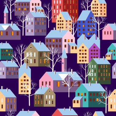 Kusursuz kış şehri manzarası. Noel İskandinav kasabası, ağaç evleri, mevsimlik yeni yıl ve Noel tatilleri. Vektör illüstrasyon minimalizm biçimi izole