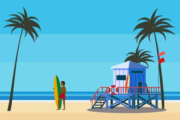 Lifeguard Station Beach Palms Surfer Coast Ocean Sea Summer Tropical — Stock Vector