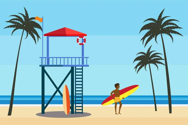 Lifeguard Station Beach Palms Surfer Coast Ocean Sea Summer Tropical — Archivo Imágenes Vectoriales