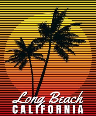 Kaliforniya Long Beach Günbatımı Tişört Tasarımı. Poster retro palmiye ağacı siluetleri, gradyan, tiporofoni. Vektör illüstrasyonu