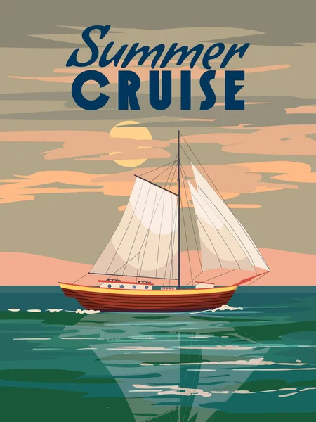 Sailboat Summer Cruise Poster Retro Sailing Ship Osean Sea Tropical — Stockvector