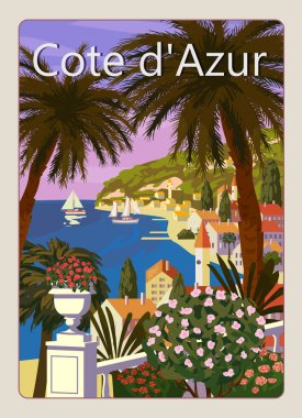 Poster Cote de l'azur French Riviera coast vintage. Resort, French Riviera Nice coast poster vintage.Resort, coast, sea, beach. Retro style illustration vector isolated