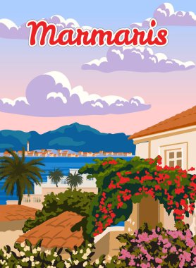Marmaris dönüm noktası, Türkiye tatil beldesi, retro poster, ufuk çizgisi, ufuk çizgisi. Vintage turistik kartpostal, plaket vektör illüstrasyonu izole