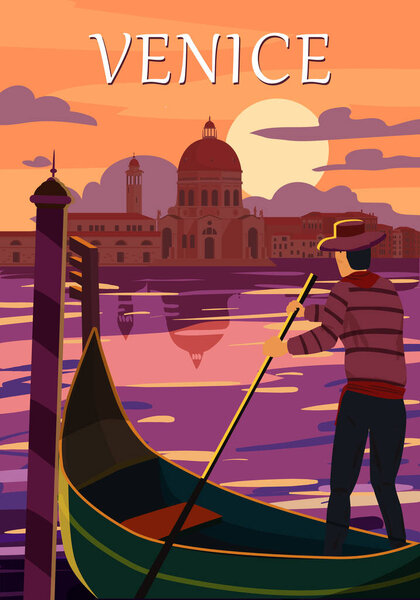 Retro Poster Venice Italia. Sunset Grand Canal, gondolier, architecture, vintage style card. Vector illustration postcard isolated