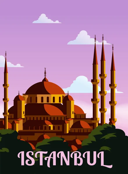 Retro Plakát Istanbul Město Západu Slunce Turecko Ušlechtilá Mešita Hagia — Stockový vektor
