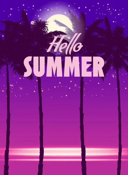 Hello Summer Night Party Background Palms Design Template Flyer Summertime — Διανυσματικό Αρχείο