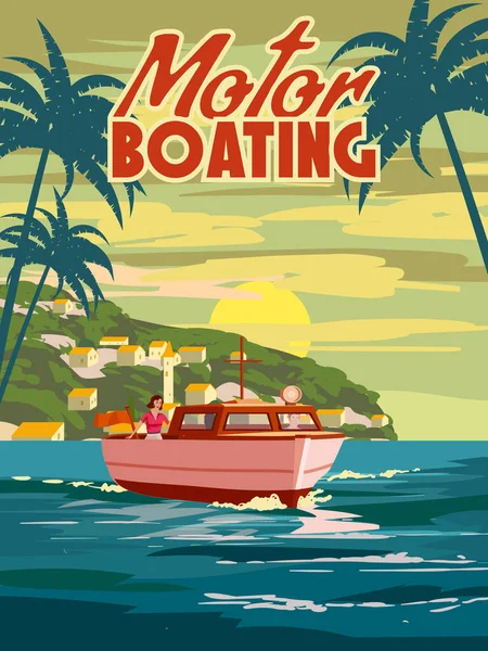 Motor Boating Trip Poster Retro Boat Osean Sea Tropical Cruise — Vetor de Stock
