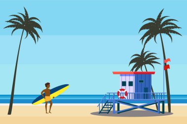 Lifeguard Tower on the beach palms, surfer, coast ocean, sea. Summer tropical landscape, vector illustration flat cartoon style