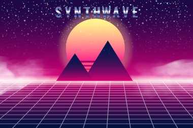 Synthwave retro banner vaporwave aesthetic background. Pyramids grid 3d, sunset 80 s retrowave. Vector illustration futuristic