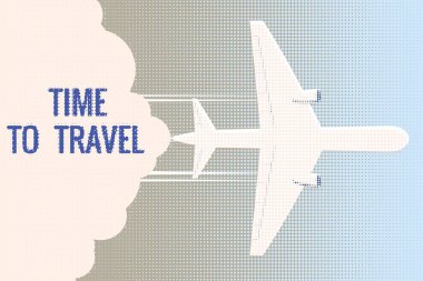 Flight Banner Time To Travel. Airplane in the sky, silhouette, halfton, pattern. Vector illustration vintage