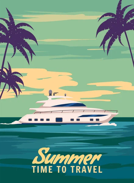 Швидкісний Човен Подорож Плакат Ретро Човен Океані Море Тропічний Круїз — стоковий вектор
