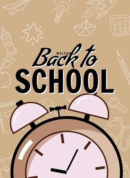 Back School Poster Clock Alarm Clock Retro Background Template Illustration — Image vectorielle