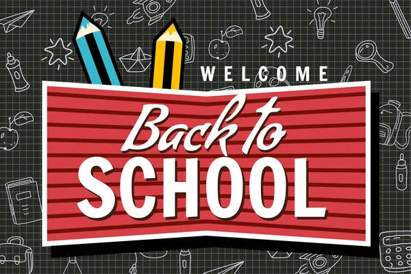 Welcome Back School Banner Retro Background Illustration Icons Accessories Blackboard — Image vectorielle