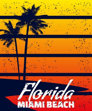 Poster Retro Florida Miami Beach sunset print. Poster grunge palm tree silhouettes, typography. Vector illustration