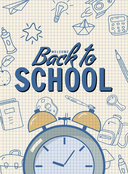 Back School Poster Clock Alarm Clock Retro Sale Background Template — Image vectorielle