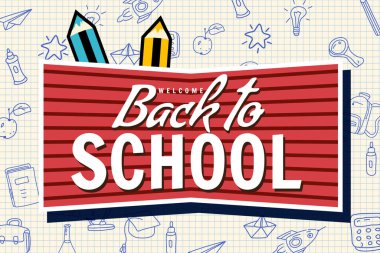 Back to school banner, retro. Background illustration icons accessories template concept isolated