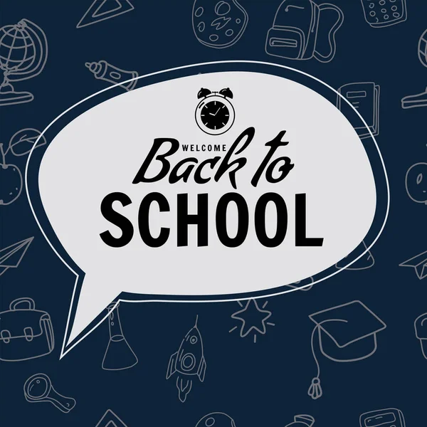 Welcome Back School Bubble Poster Pencils Clock Alarm Clock Retro — Image vectorielle