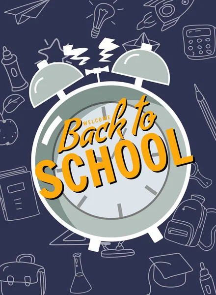 Back School Poster Clock Alarm Clock Retro Background Template Illustration — Image vectorielle