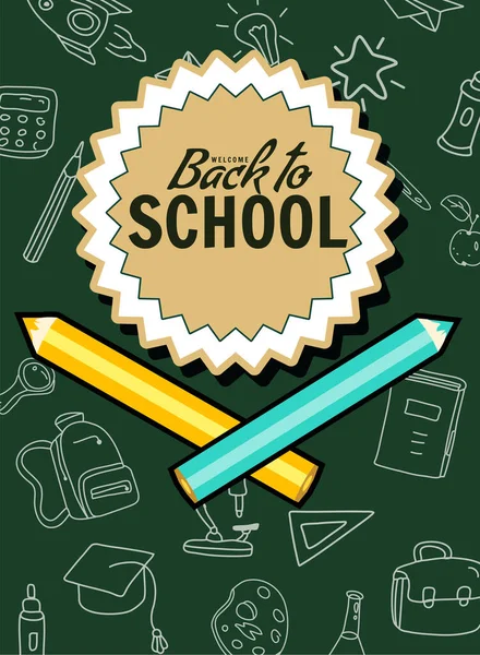 Back School Poster Pencils Clock Alarm Clock Retro Sale Background — Image vectorielle