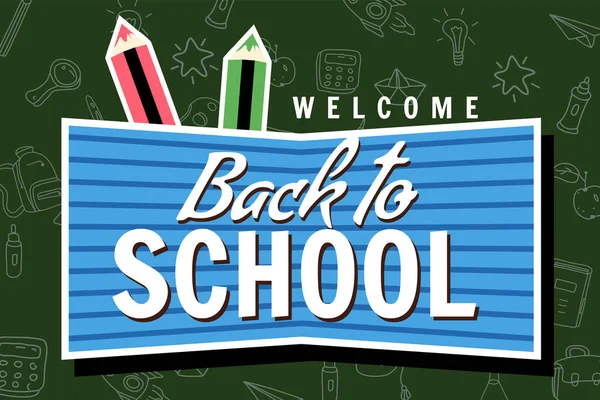 Welcome Back School Banner Retro Background Illustration Icons Accessories Template — Image vectorielle