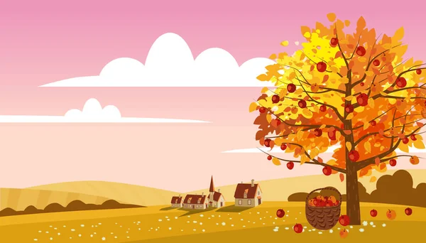 Autumn Landscape Countryside Farm Scene Apple Tree Harvest Rural Fall — Stockvektor