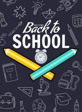 Welcome Back to school poster, pencils, clock alarm clock, retro. Background template illustration icons accessories concept isolated