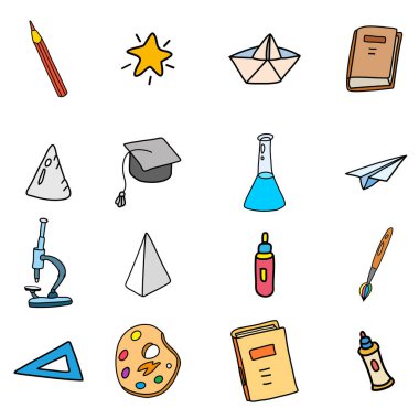 Set of icons Back to school, hand drawing collection. Vector illustration sketch line shape color style
