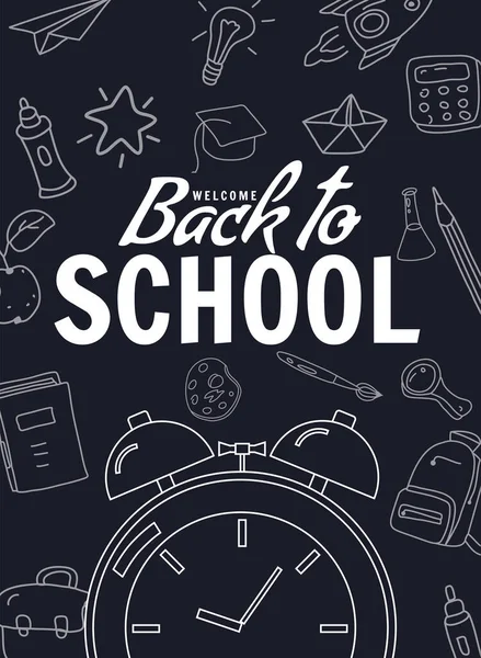 Back School Poster Clock Alarm Clock Retro Background Blackboard Template — Image vectorielle