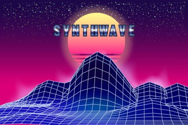 Synthwave retro banner vaporwave aesthetic background. Mountains landscape grid 3d, sunset 80 s retrowave. Vector illustration futuristic